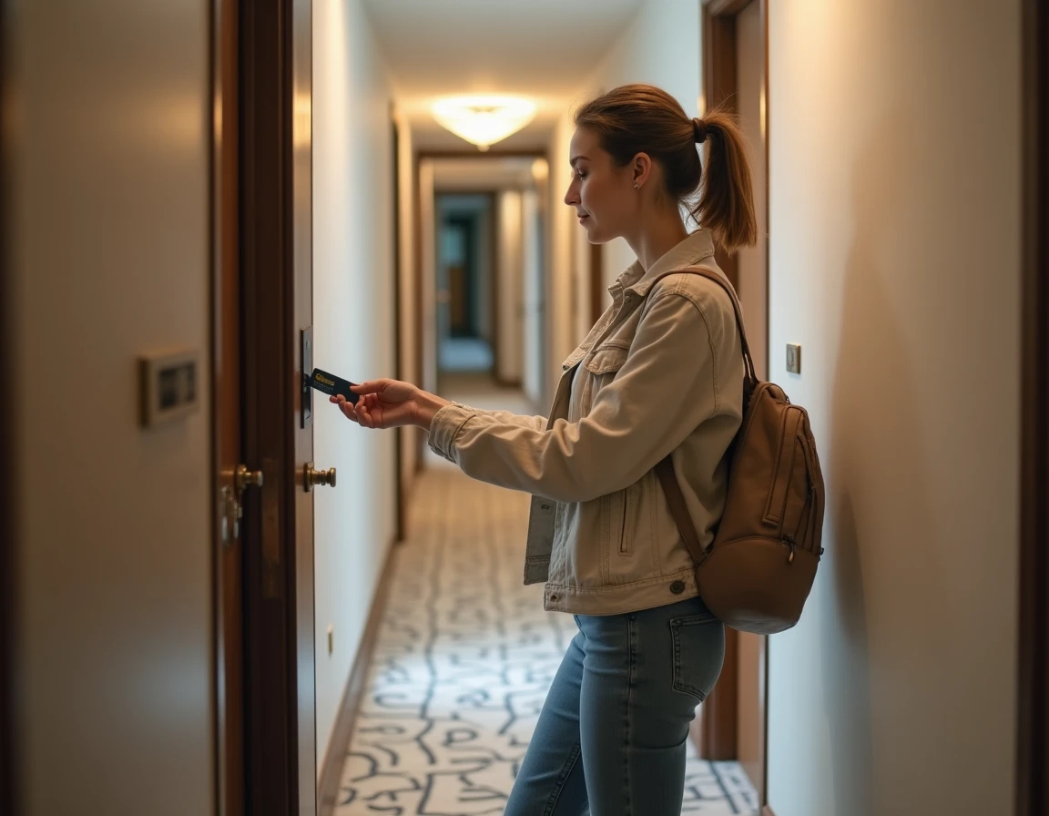 Femme utilisant une carte magnétique pour accéder à sa chambre dans un couloir d'hôtel Ibis