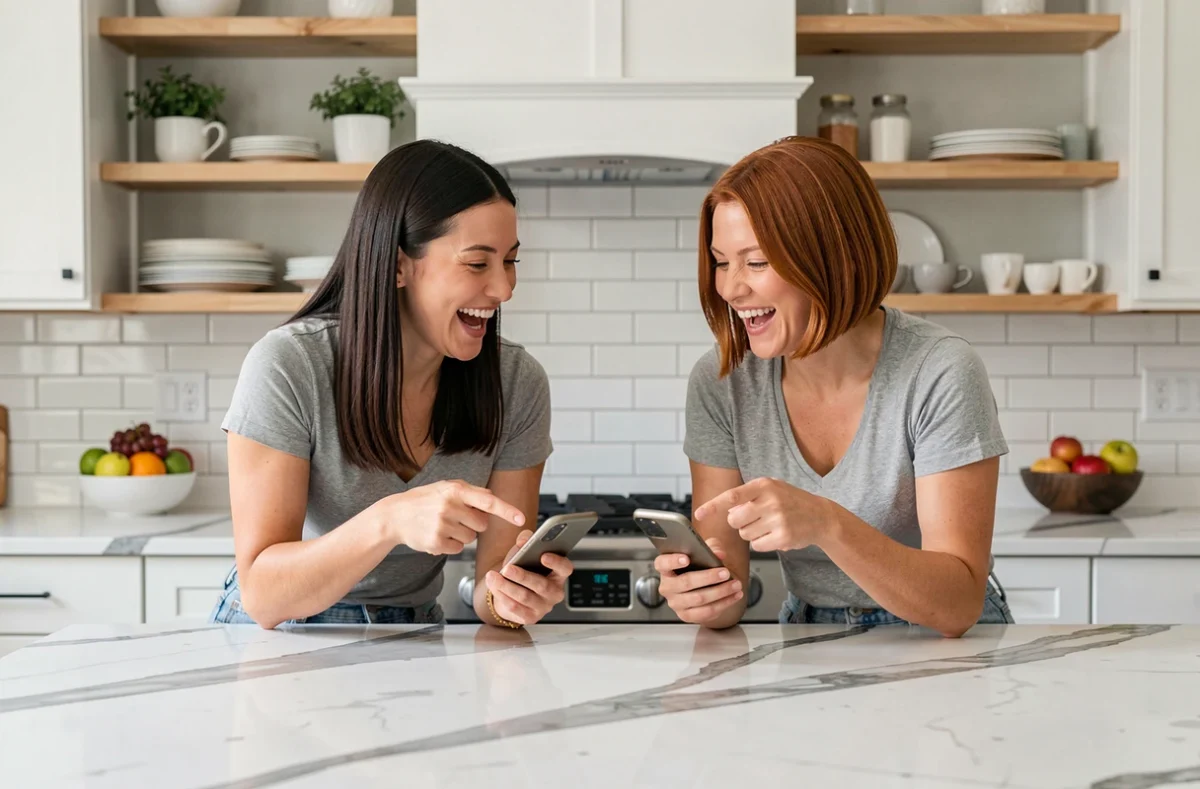 Deux amies partageant des conseils de shopping beauté en ligne sur leurs smartphones dans une cuisine moderne