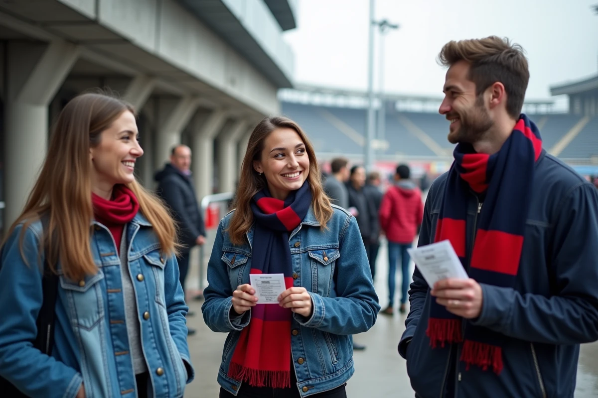 Groupe d'amis supporters faisant la queue devant l'entrée du Parc des Princes avec leurs billets