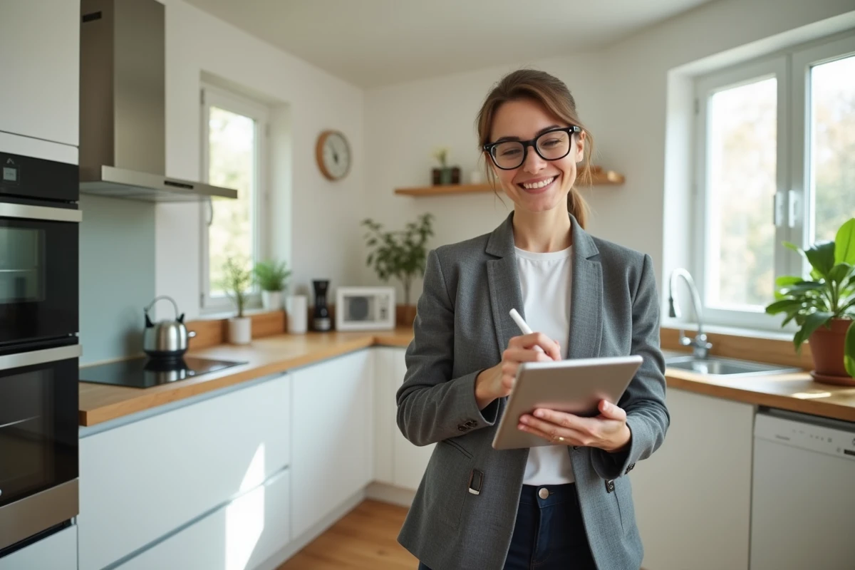 Jeune architecte inspectant cuisine moderne lumineuse