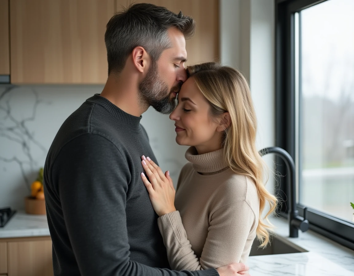 Homme embrassant tendrement le front de sa compagne dans une cuisine minimaliste scandinave, geste affectueux et protecteur entre amoureux