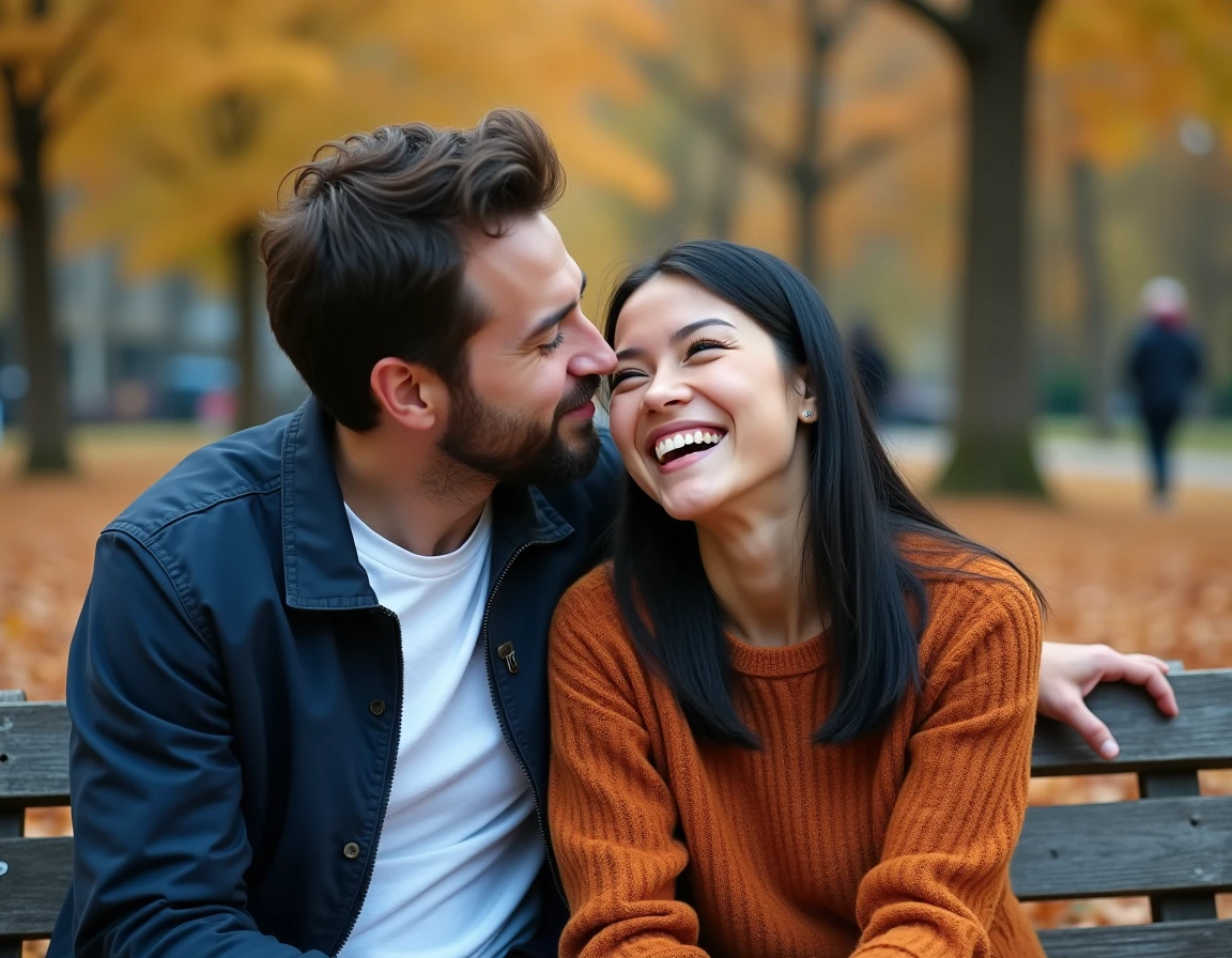 Homme embrassant tendrement la joue de sa compagne hilare sur un banc dans un parc en automne, atmosphère romantique et complice