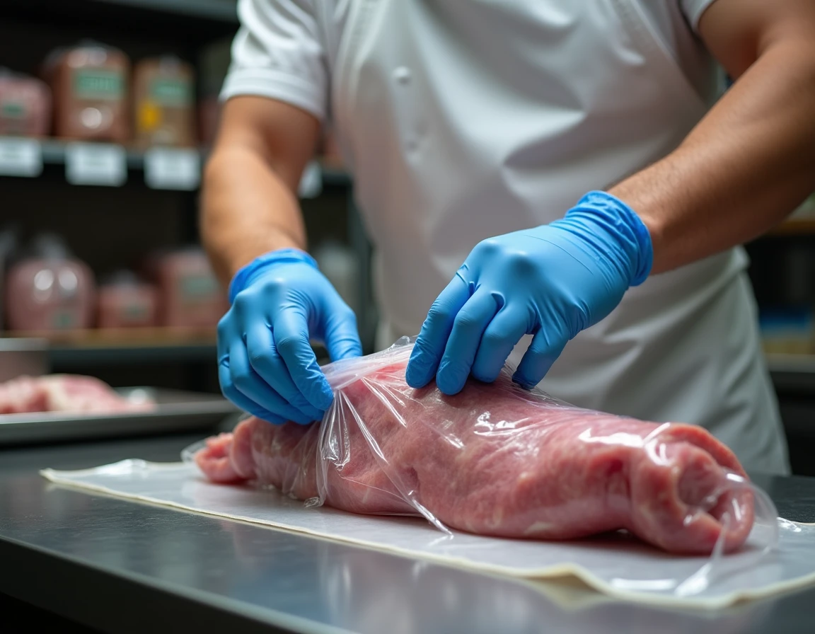 Boucher emballant une couille de mouton fraîche dans du film plastique dans une boucherie traditionnelle