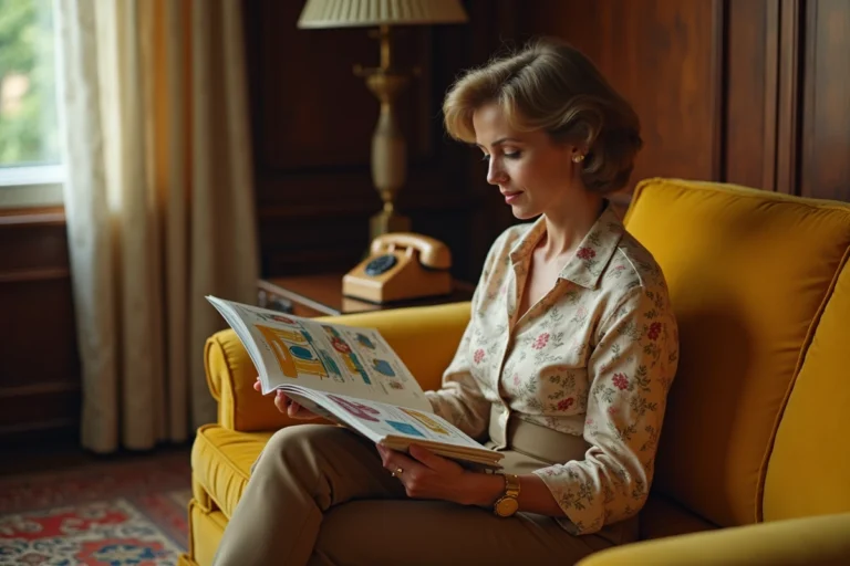 Femme feuilletant un ancien catalogue de vente par correspondance dans un salon rétro des années 70