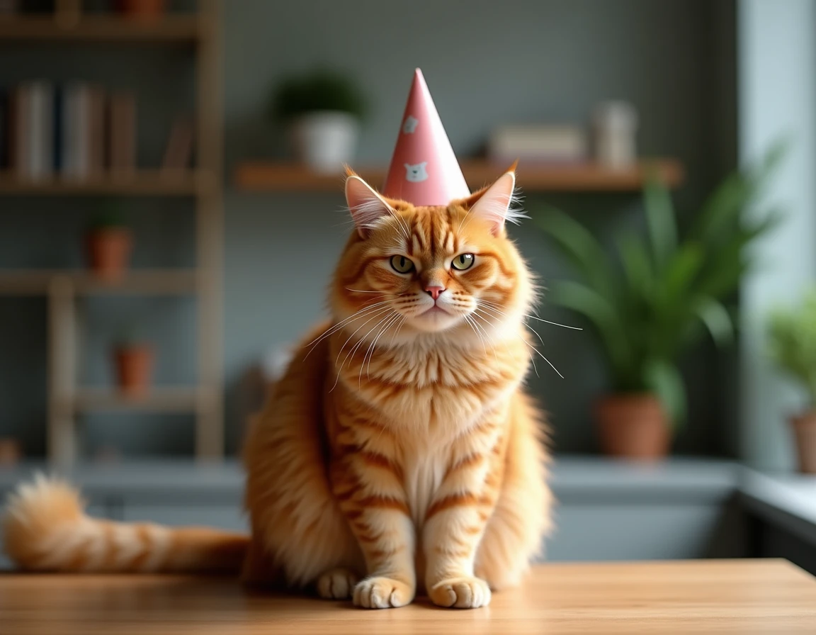 Chat tigré orange portant un petit chapeau de fête conique sur la tête, assis avec une expression stoïque et amusante sur une table en bois