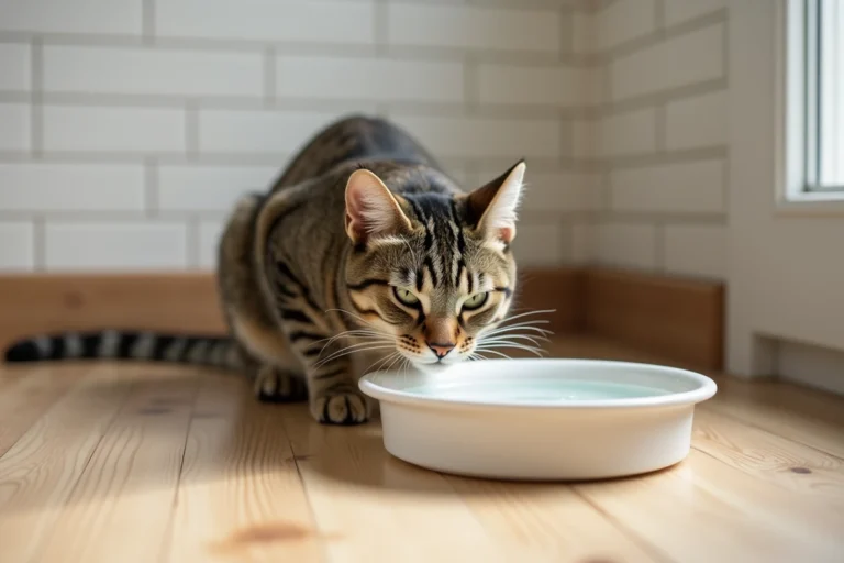 Chat tigré buvant de l'eau cristalline dans un bol en céramique sur un sol en bois de cuisine moderne