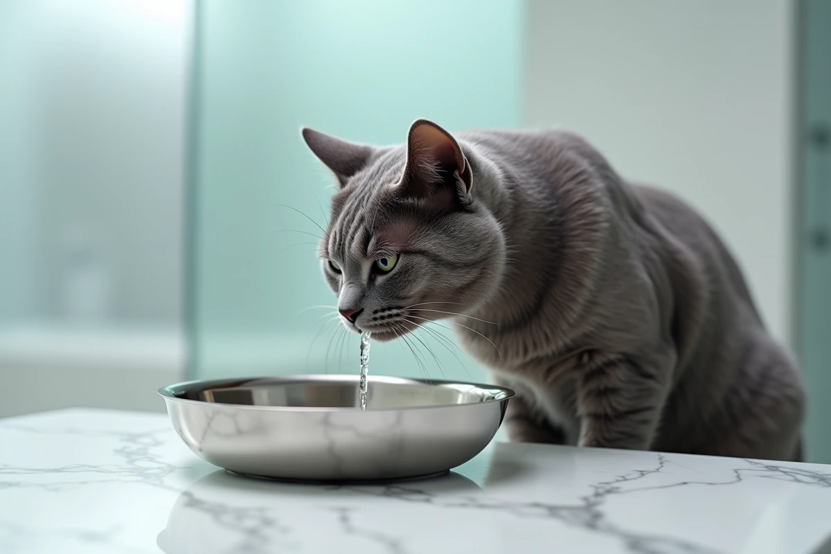Chat British Shorthair gris inspectant une fontaine à eau en inox sur un comptoir en marbre blanc