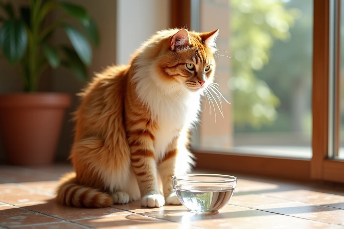 Chat roux et blanc à poils longs assis près d'un bol en verre d'eau minérale sur un sol en pierre naturelle