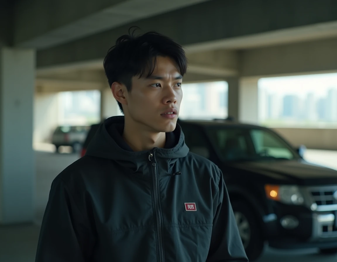 Acteur incarnant un agent NCIS en mission de terrain devant un SUV noir dans un parking urbain