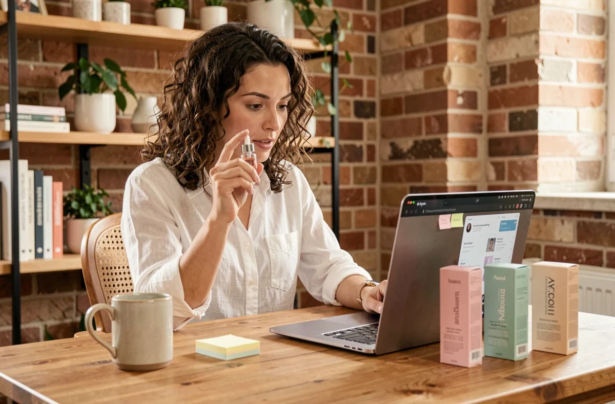 Femme comparant des produits de beauté sur un ordinateur portable à son bureau à domicile, tenant un flacon de sérum
