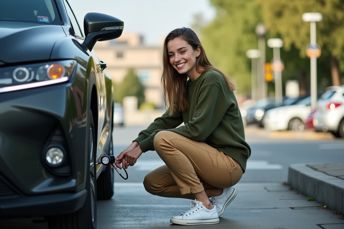 Jeune femme contrôlant la pression du pneu avec un manomètre