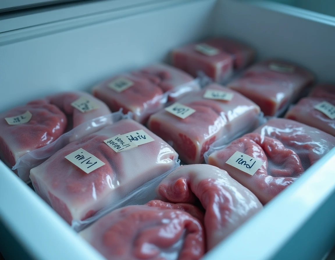 Couilles de mouton emballées sous vide avec dates de congélation rangées dans un congélateur domestique