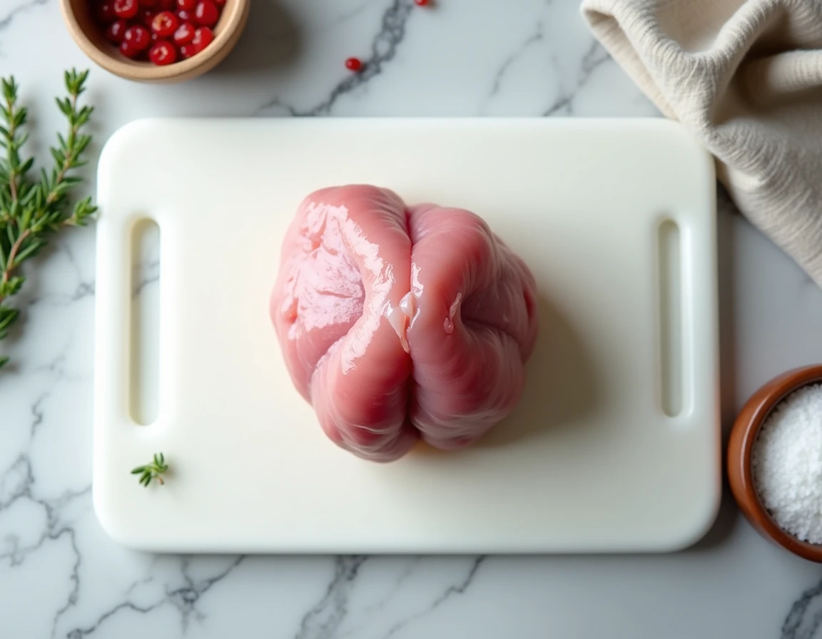 Couille de mouton crue posée sur une planche en céramique blanche avec du sel et du thym dans une cuisine professionnelle