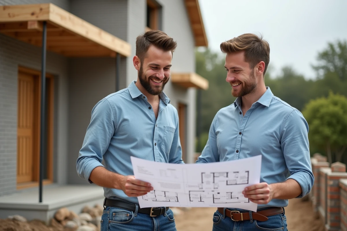 Jeune couple regarde plans de maison en construction
