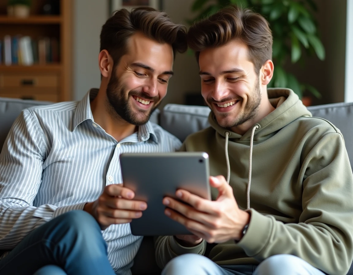 Couple comparant des offres de crédit en ligne sur une tablette dans leur salon