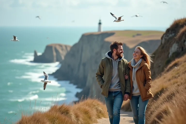 Couple souriant marchant sur la côte d'émeraude