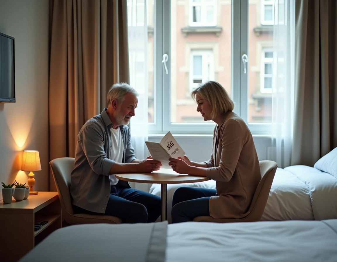 Couple consultant le livret d'accueil d'une chambre d'hôtel Ibis pour connaître les règles invités