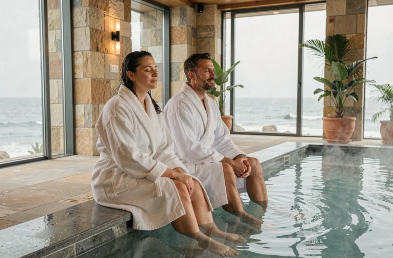 Couple en robe blanche au bord d'une piscine thermale dans un spa thalasso en bord de mer