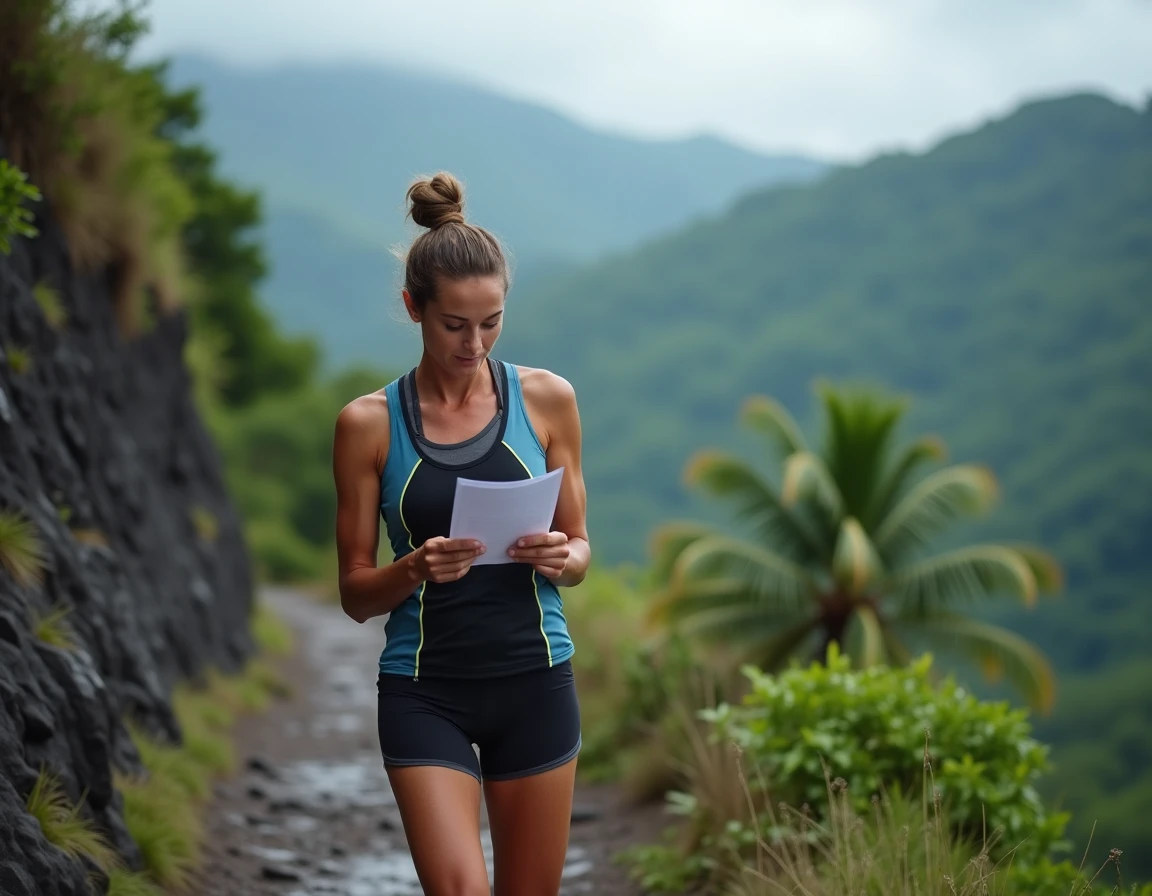 Coureuse de trail consultant son certificat médical sur un sentier volcanique de La Réunion avant la Diagonale des Fous