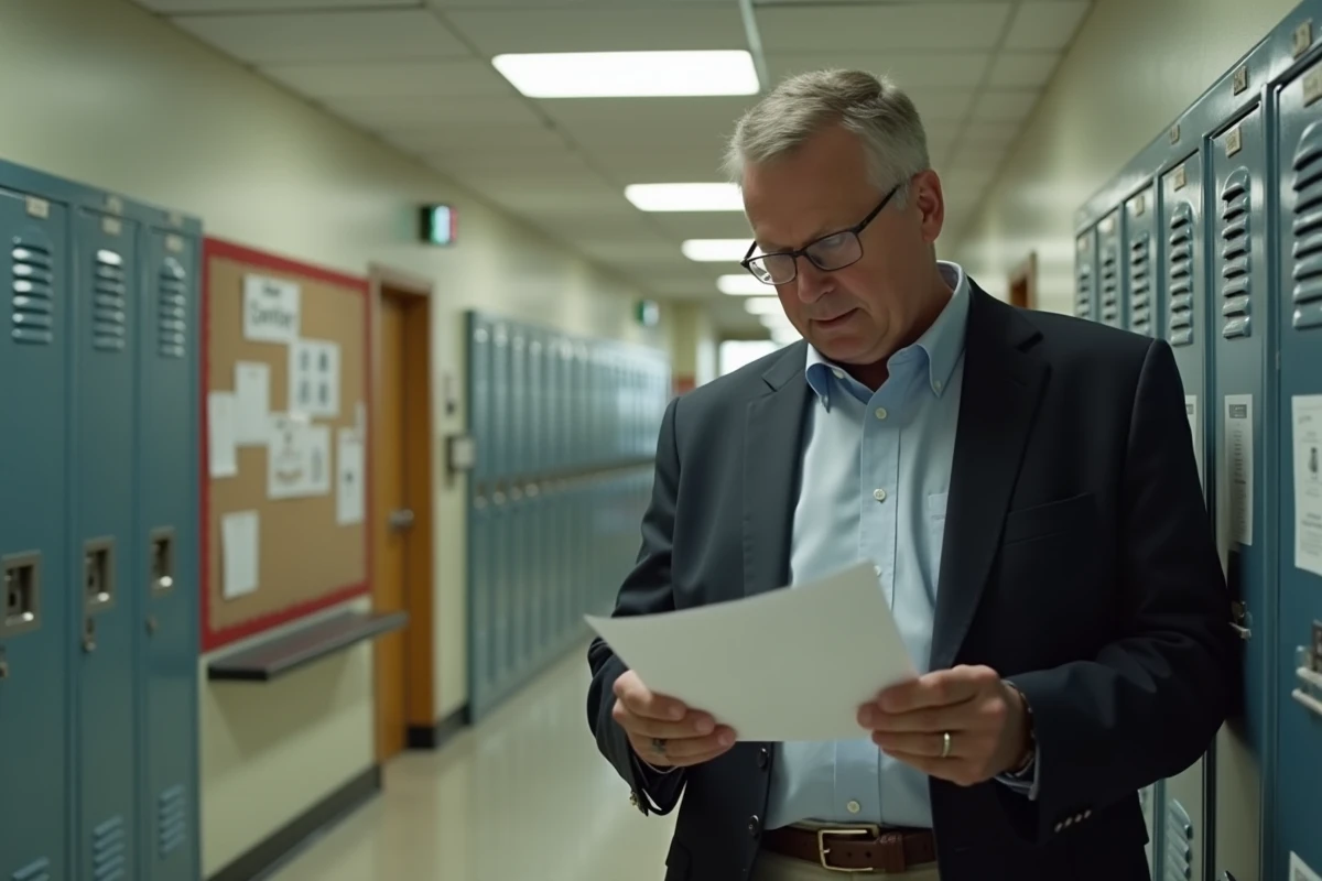 Directeur d’école vérifiant un document dans le couloir