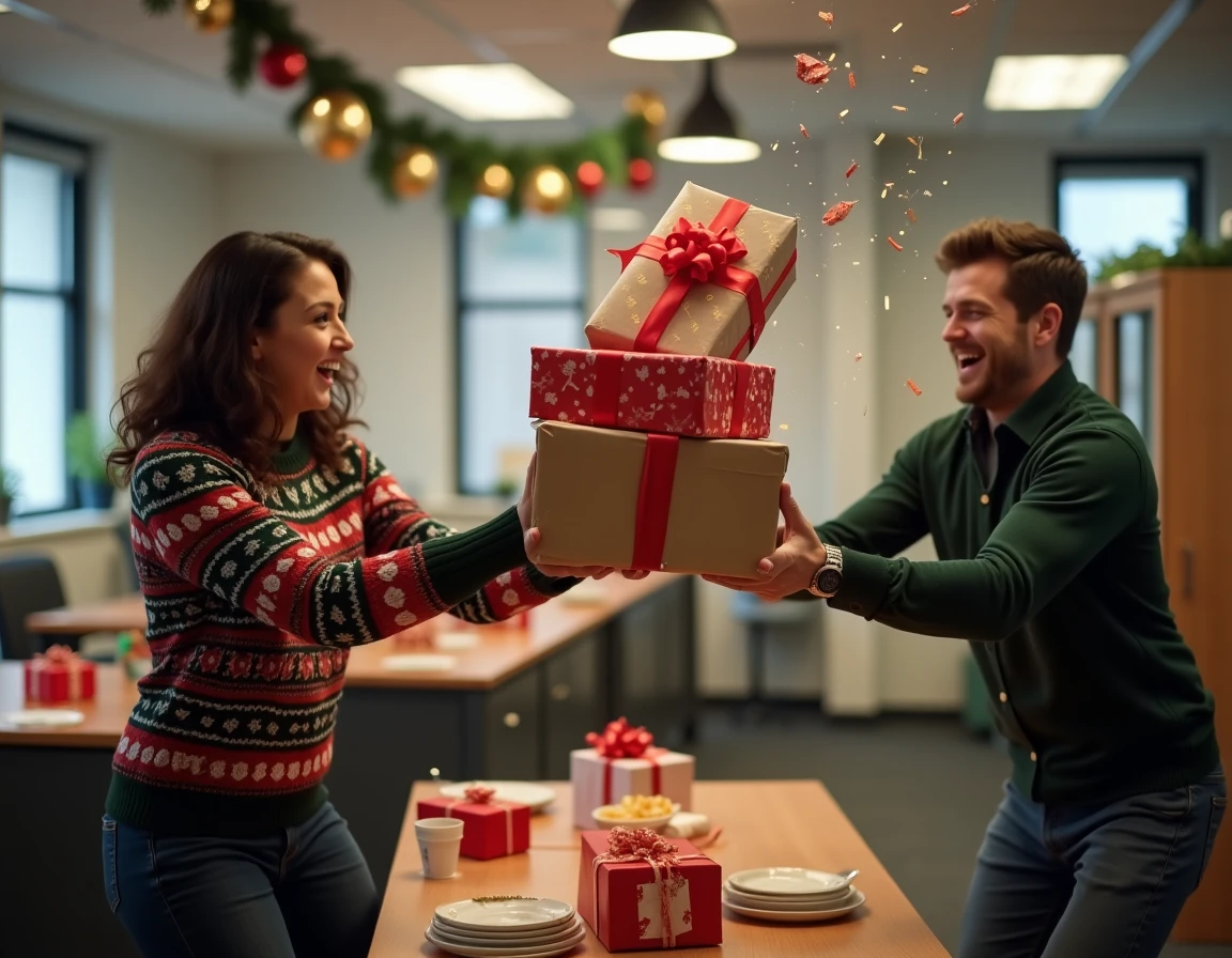 Personne en pull festif tentant de distribuer des cadeaux emballés à un collègue lors d'une fête de bureau, avec un paquet en train de tomber et des expressions paniquées