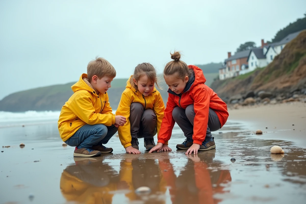 Enfants cherchant des coquillages sur la plage bretonne