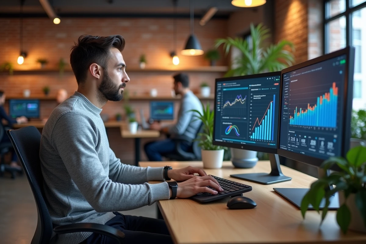 Entrepreneur analysant des tableaux de bord de performance digitale dans un espace de coworking moderne