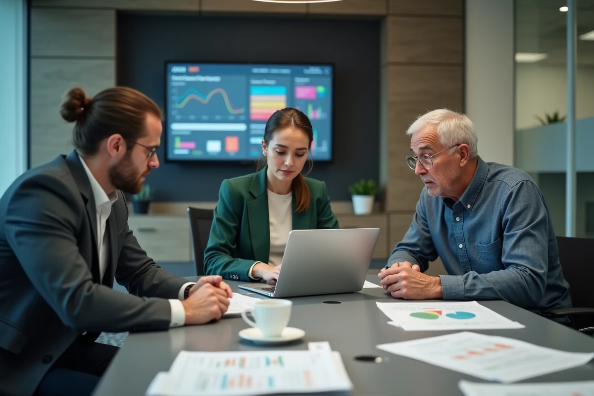 Équipe professionnelle en réunion collaborative autour de solutions business innovantes