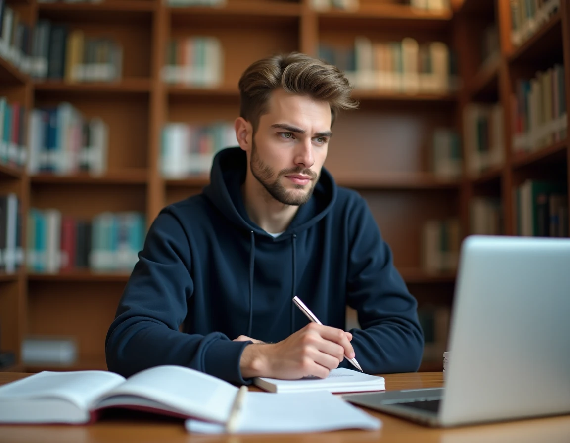 Jeune homme préparant son dossier d'admission en études dentaires dans une bibliothèque universitaire