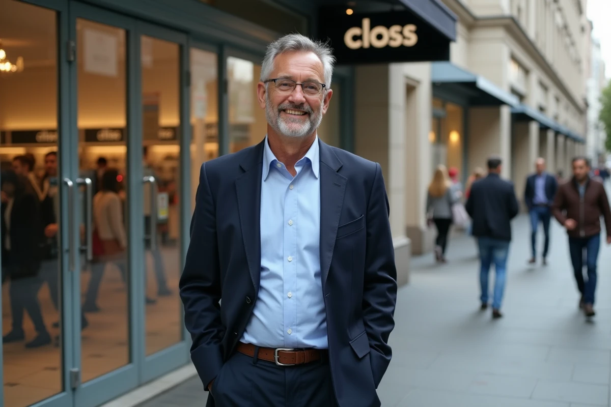 Executif souriant devant une boutique moderne en ville