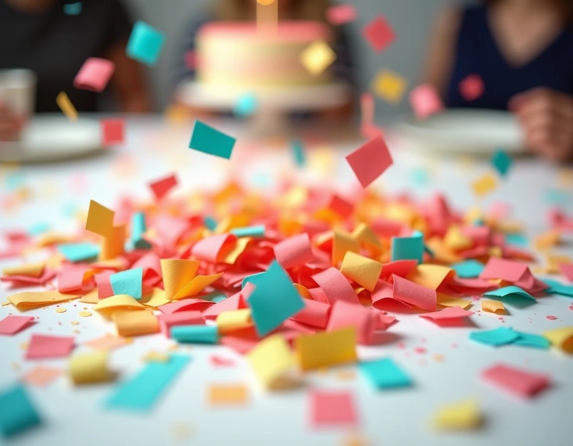 Vue de dessus d'une explosion de confettis colorés en plein vol, figés dans les airs au-dessus d'une table de fête avec effet de flou de mouvement