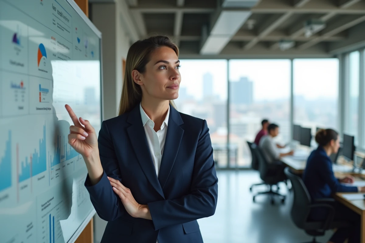 Femme d'affaires présentant une stratégie de performance sur un tableau de données dans un bureau moderne