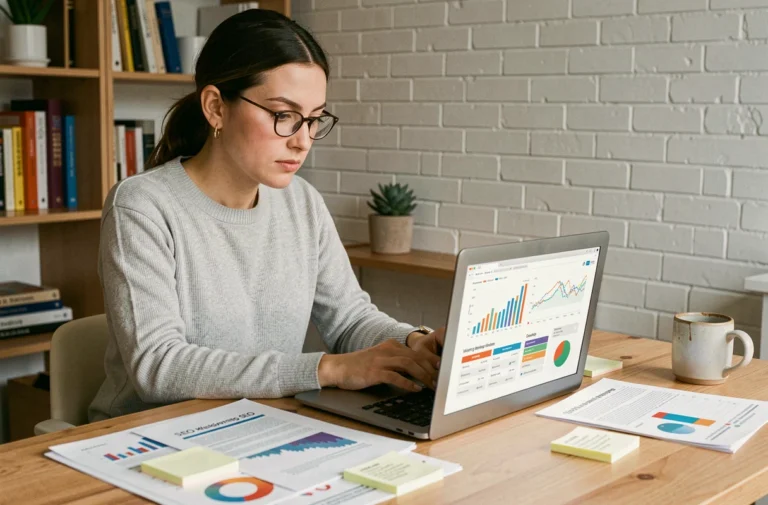 Femme professionnelle analysant des statistiques SEO et des graphiques de trafic web sur un ordinateur portable dans un bureau moderne