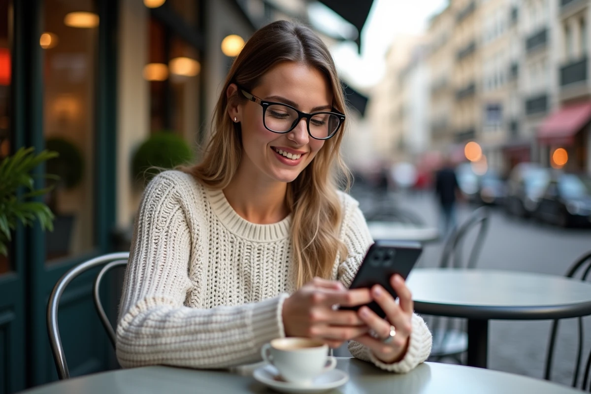 Femme française lisant sur son smartphone au café