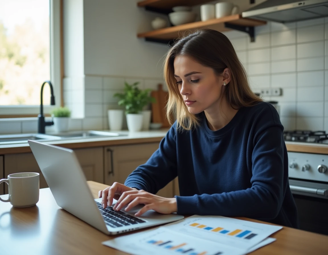 Femme consultant des offres de crédit en ligne sur son ordinateur portable à la maison