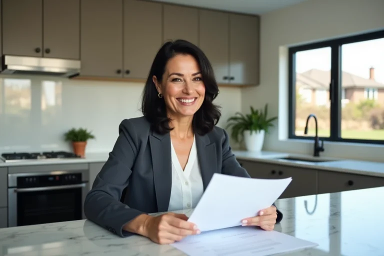 Femme d'âge moyen en blazer examine documents immobiliers