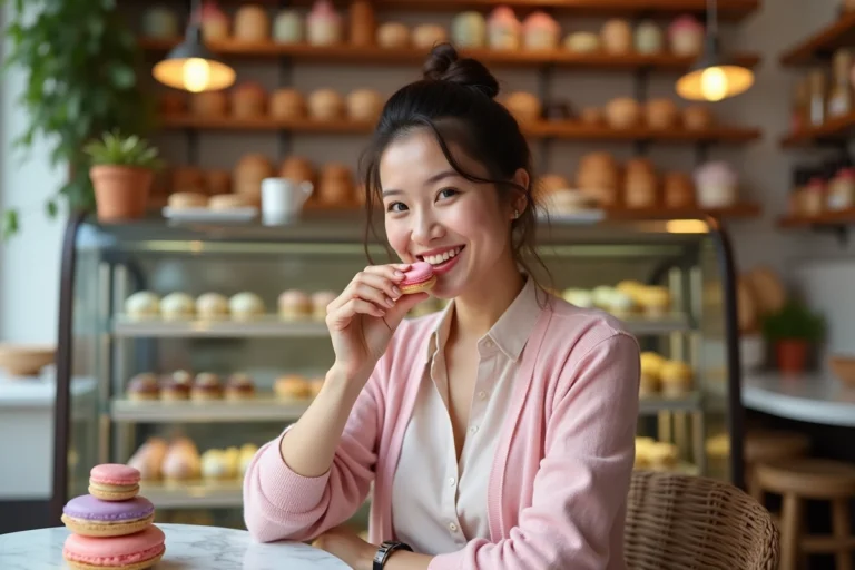 Femme dégustant un macaron dans une patisserie