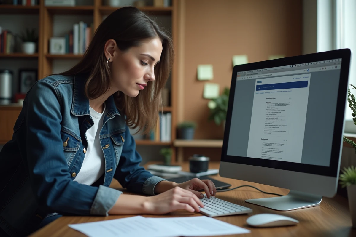 Femme recherchant une nouvelle adresse de site torrent sur son ordinateur de bureau