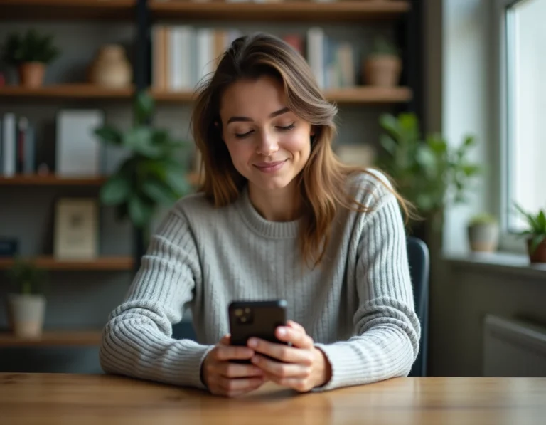 Femme consultant un numéro de portable inconnu sur son smartphone pour une recherche via annuaire inversé