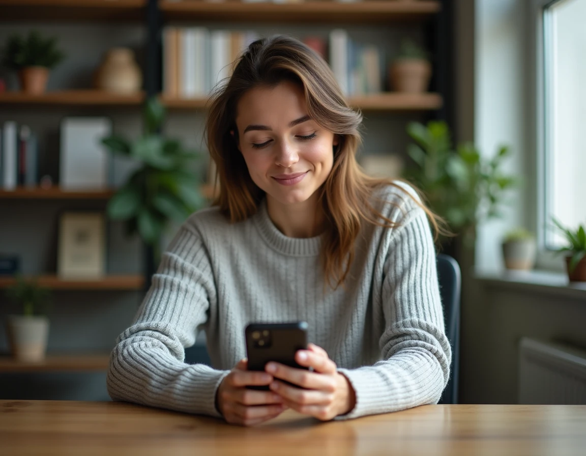Femme consultant un numéro de portable inconnu sur son smartphone pour une recherche via annuaire inversé