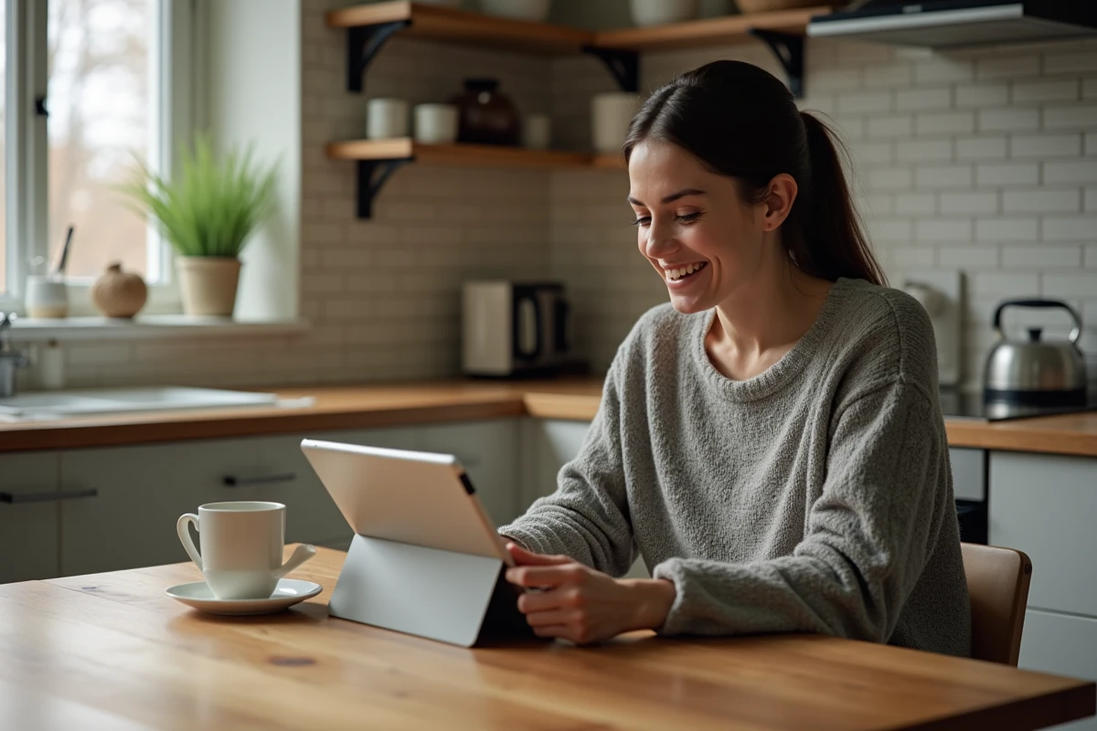 Femme regardant une match de sport sur une tablette en cuisine