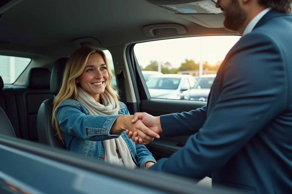 Jeune femme souriante dans une voiture lors d