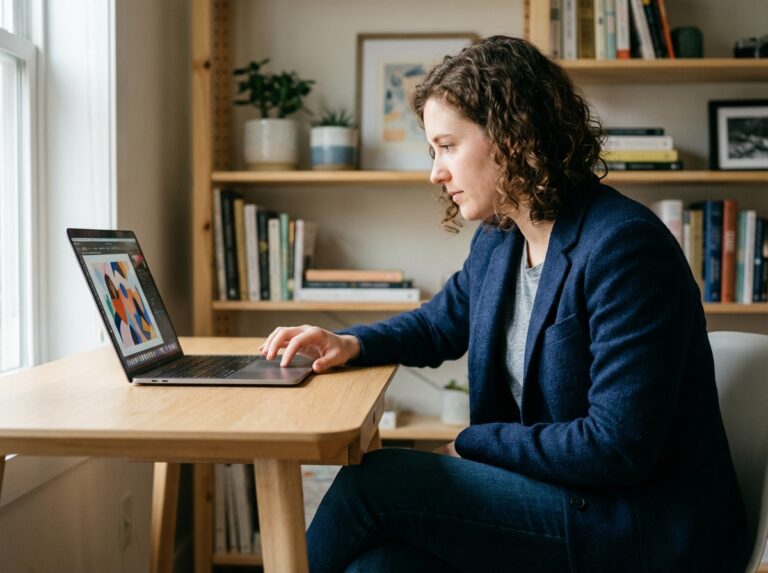 Jeune femme en bureau moderne regardant un artwork digital