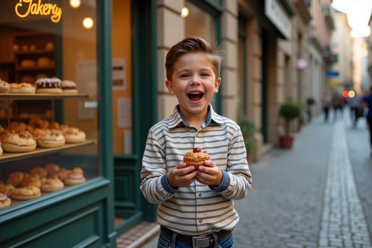 Garçon souriant tenant un éclair devant une boulangerie