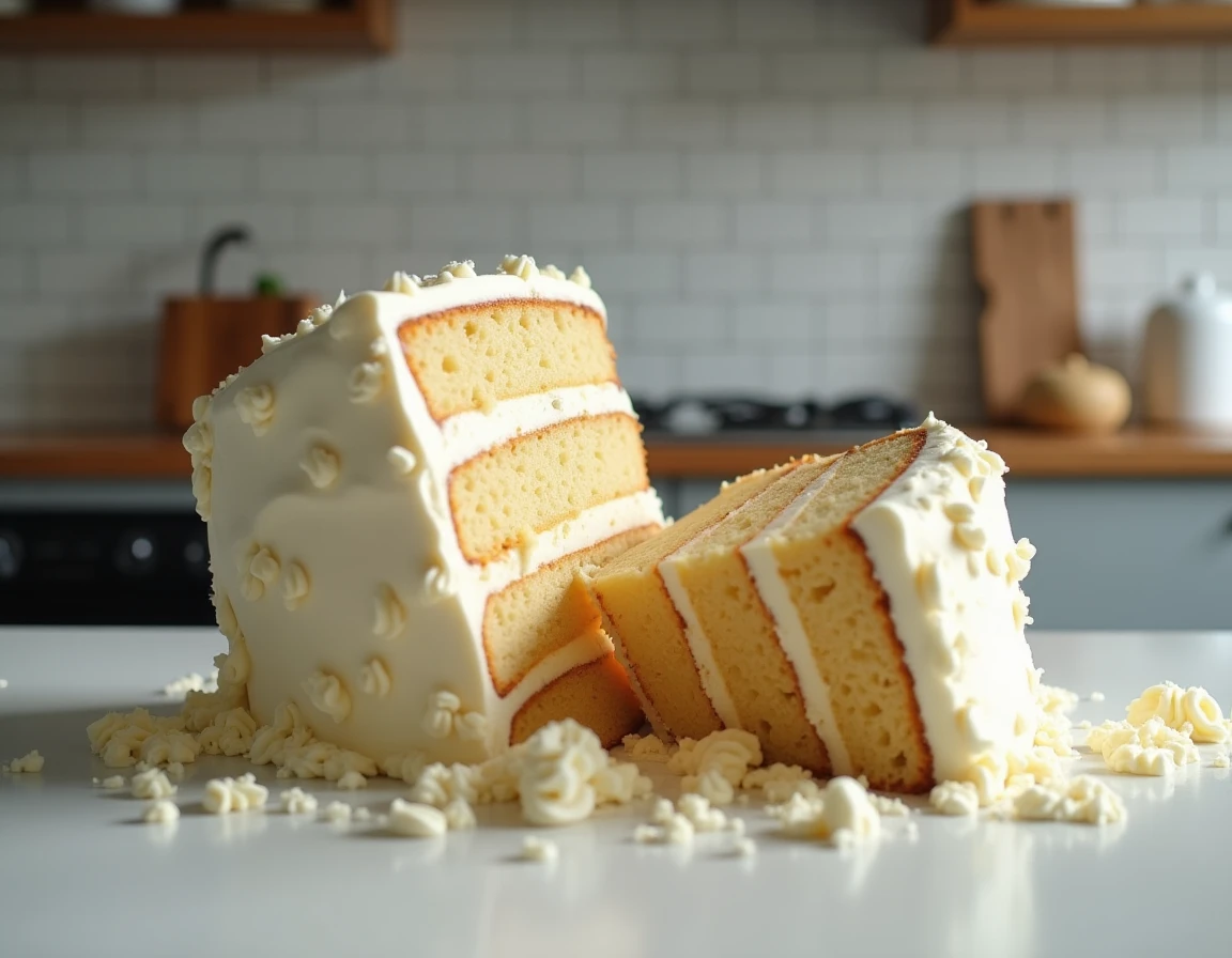 Gâteau d'anniversaire à trois étages s'effondrant comiquement sur un comptoir de cuisine, avec glaçage dégoulinant et couches de biscuit qui s'affaissent