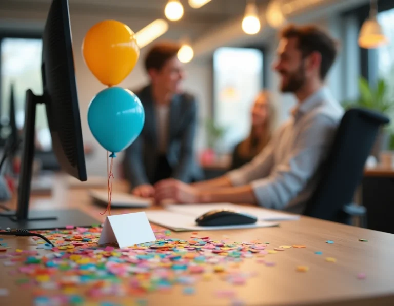 Bureau de collègue décoré pour un anniversaire avec confettis, ballons et carte de vœux humoristique dans un open-space moderne