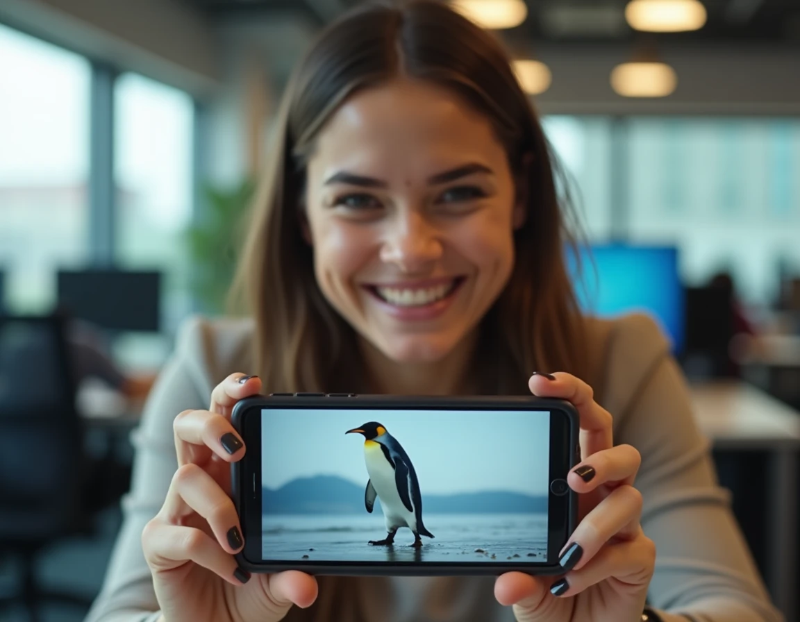Jeune femme au bureau tenant son téléphone avec un sourire espiègle, affichant une vidéo totalement hors sujet envoyée volontairement à la place d'un GIF d'anniversaire