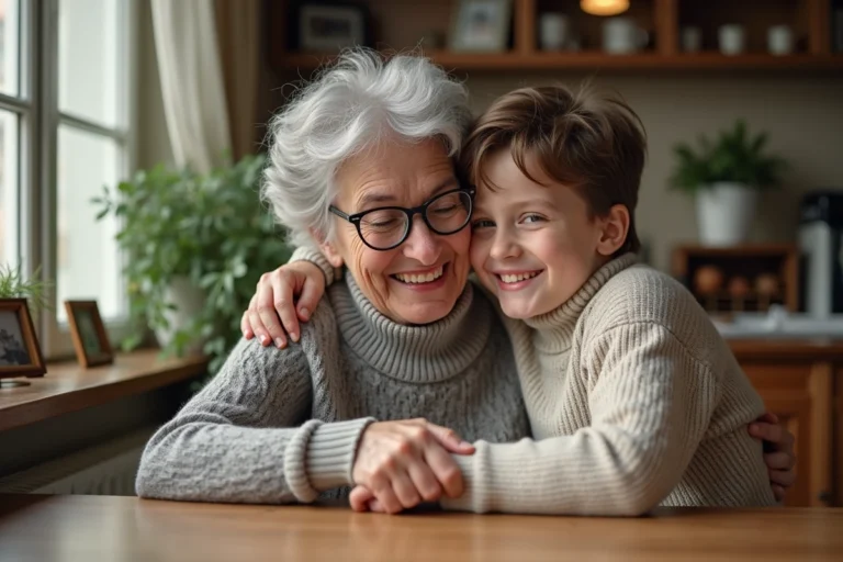 Grand-mere et petit-fils souriants dans un interieur chaleureux