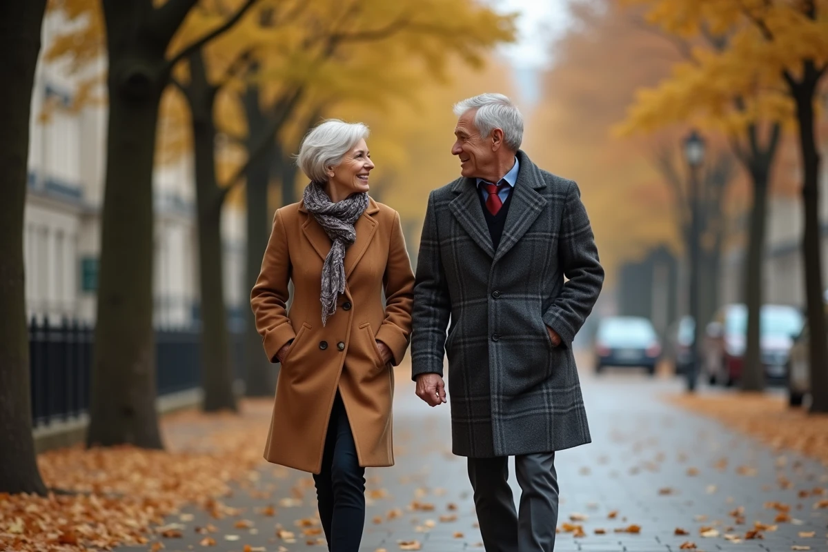 Couple distingué se promenant sur une avenue parisienne en automne, symbolisant le parcours de vie commun de Guillaume Faury et son épouse