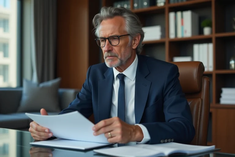 Homme d'affaires français en costume bleu dans un bureau moderne